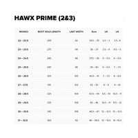 Atomic Hawx Prime ski boot size chart