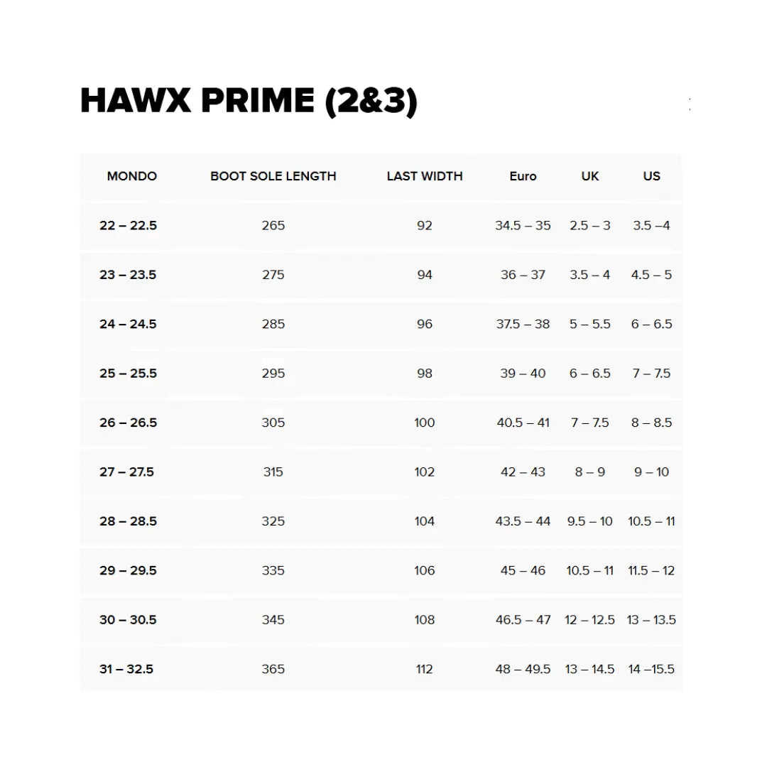 Atomic Hawx Prime women's ski boot size chart
