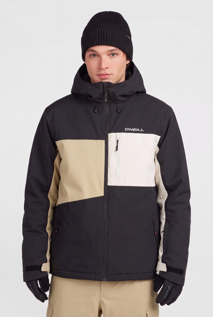 O'Neill FWC' Cruz Triple Men's Snow Jacket in Black Out Beige Colour Block - front view, on model