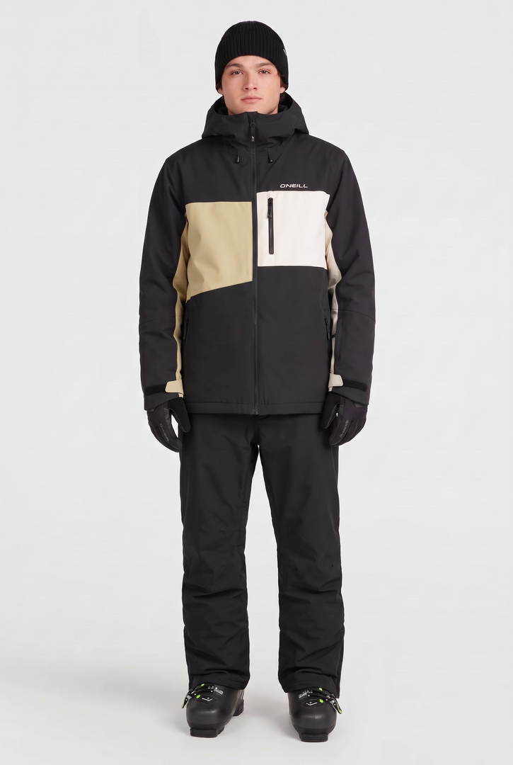 O'Neill FWC' Cruz Triple Men's Snow Jacket in Black Out Beige Colour Block - full-body view, on model