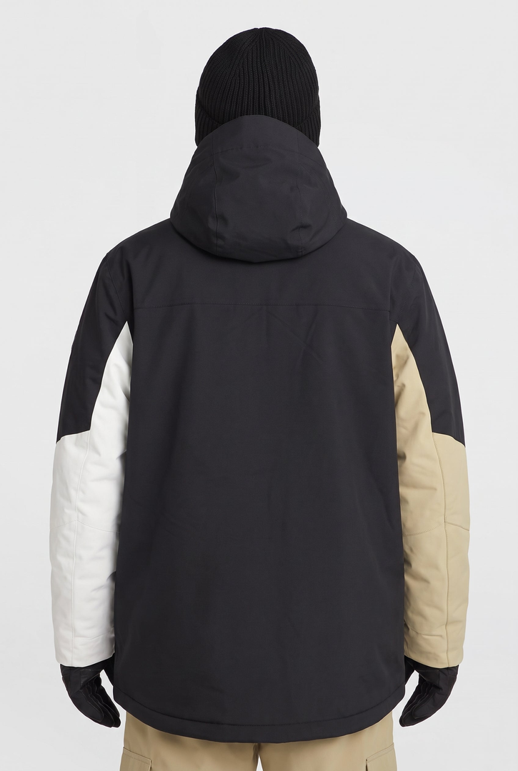 O'Neill FWC' Cruz Triple Men's Snow Jacket in Black Out Beige Colour Block - back view, on model